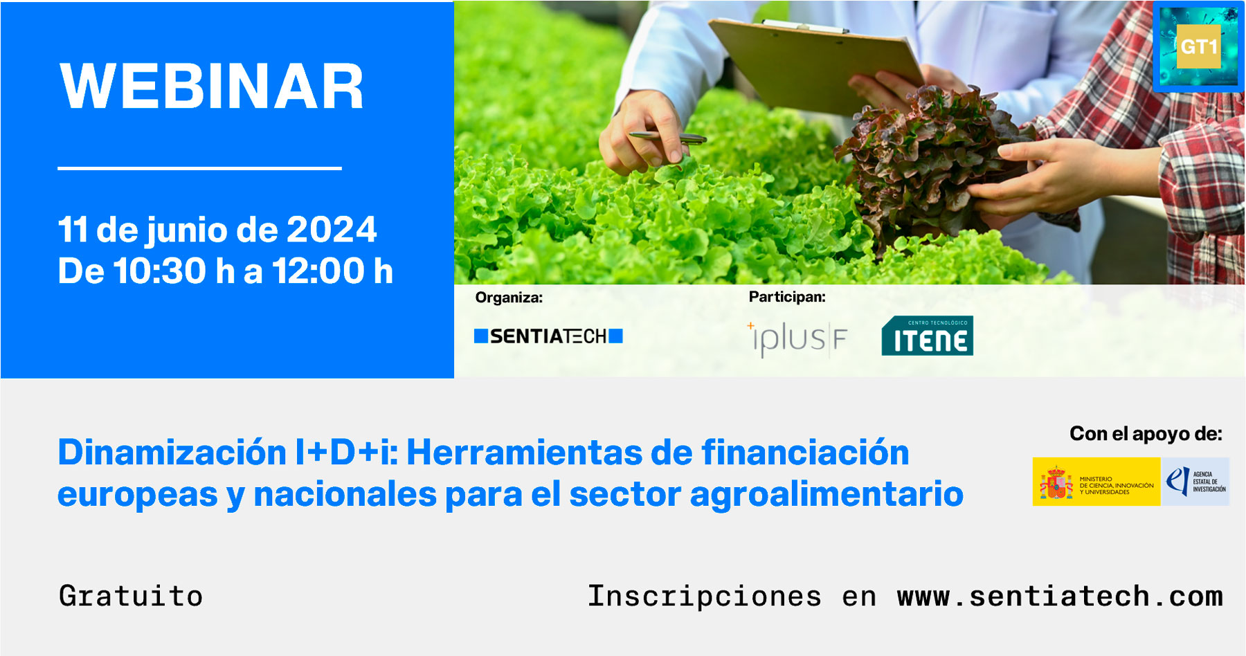 Banner del webinar de dinamización de proyectos de I+D+i en el sector agroalimentario, organizado por SENTIATECH.