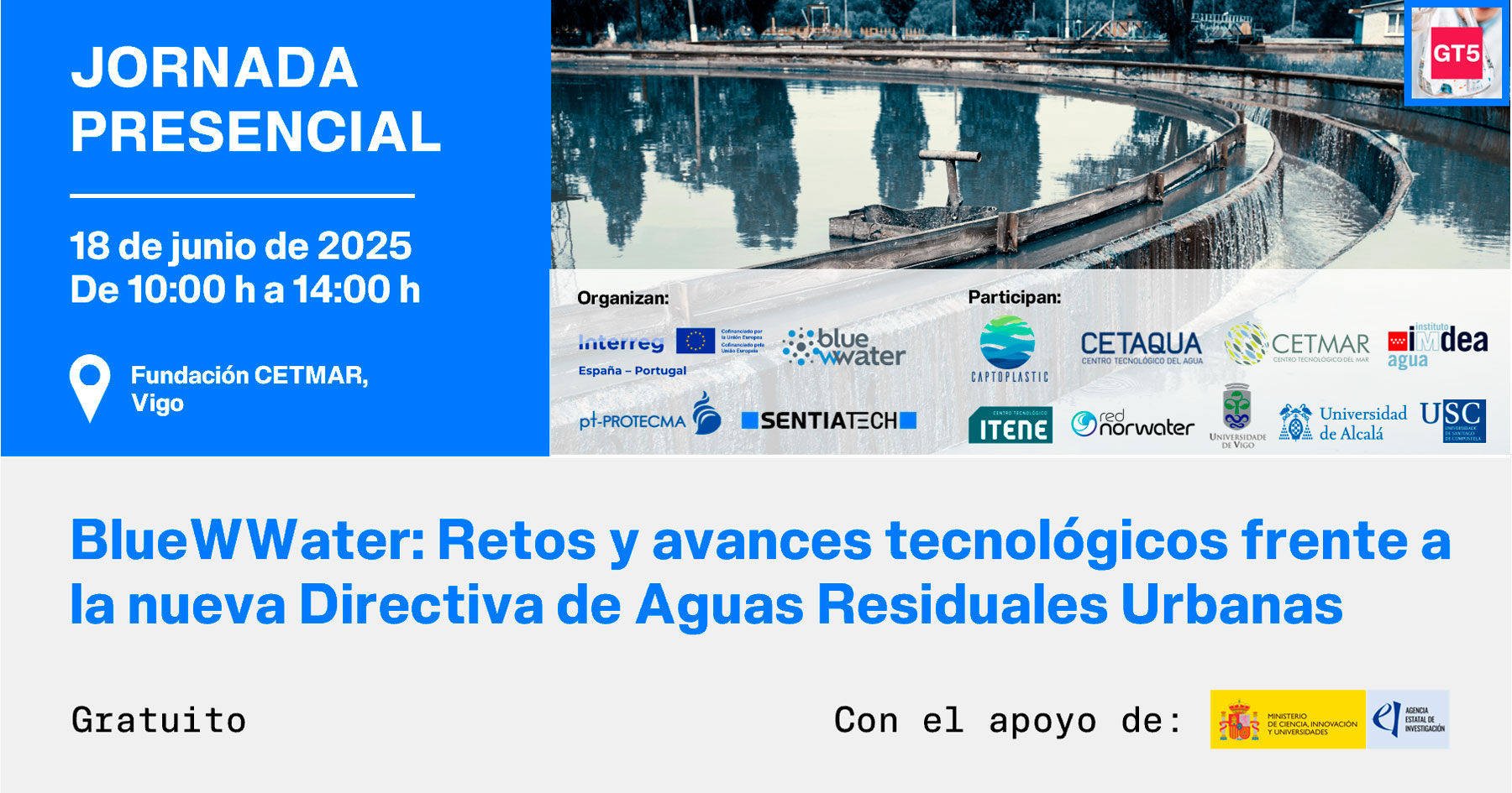 Banner de la Jornada presencial - BlueWWater: Retos y avances tecnológicos frente a la nueva Directiva de Aguas Residuales Urbanas, organizada por SENTIATECH y PROTECMA