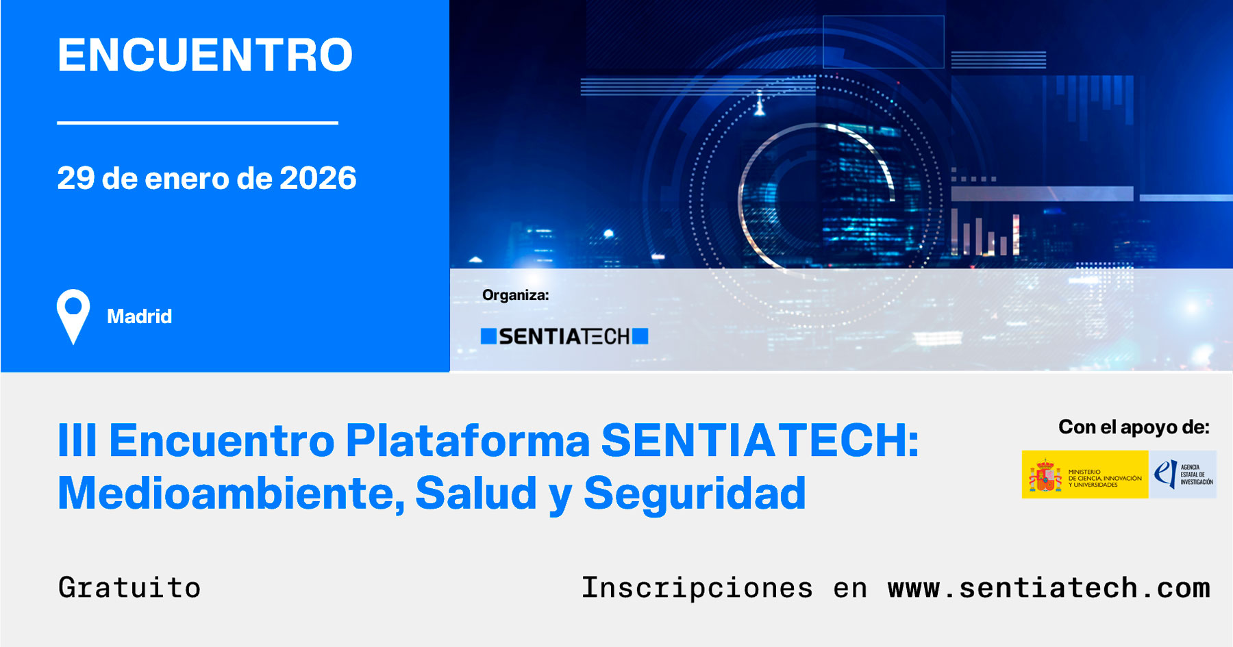 Banner del III Encuentro Plataforma SENTIATECH: Medioambiente, Salud y Seguridad, organizado por SENTIATECH