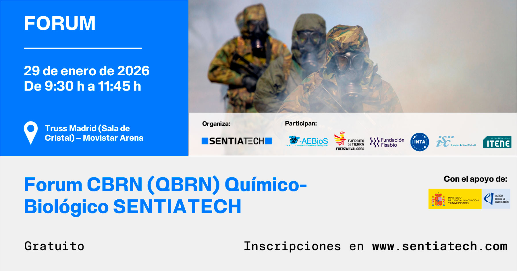 Banner del Forum CBRN (QBRN) Químico-Biológico SENTIATECH, organizado por la Plataforma SENTIATECH.