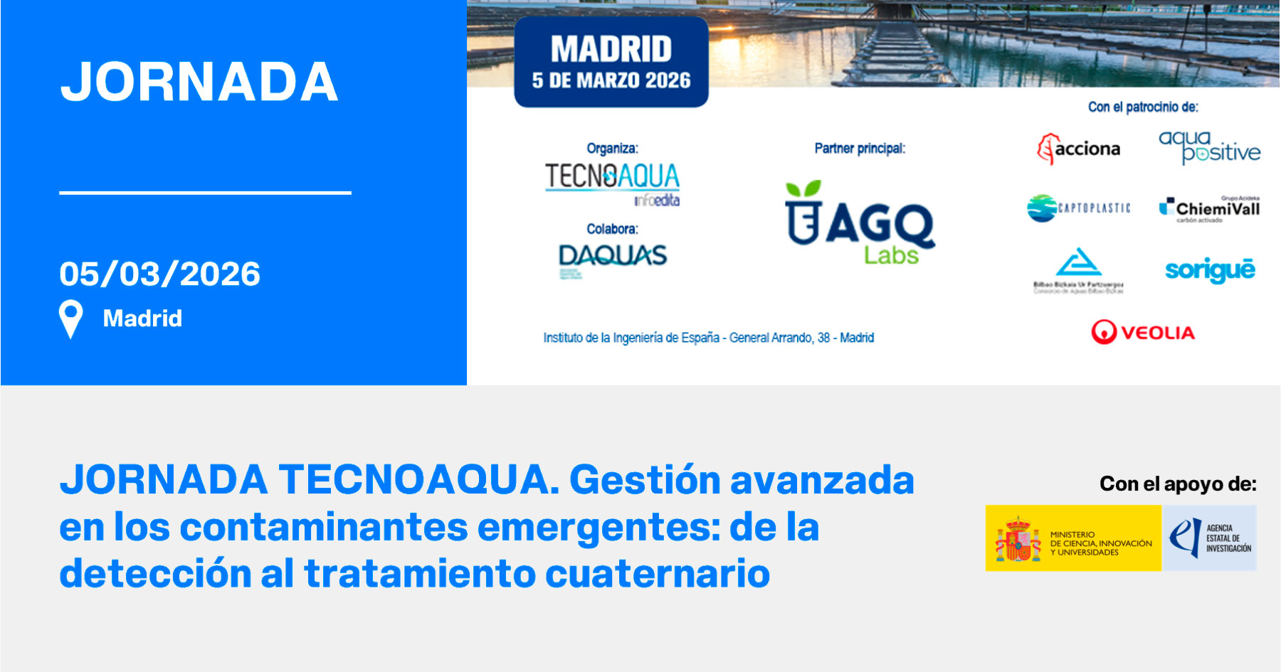 Banner de la Jornada Tecnoaqua de gestión de contaminantes emergentes en agua, donde colabora la Plataforma SENTIATECH.