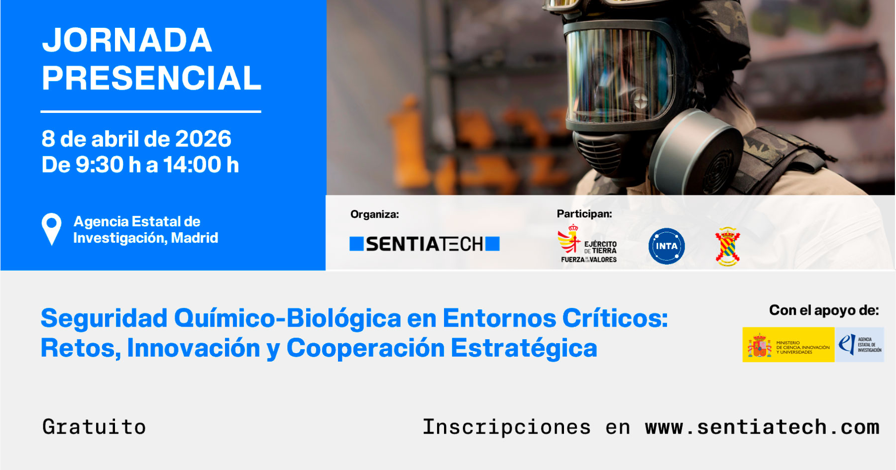 Banner de la Jornada Presencial: Seguridad Químico-Biológica (NBQ) en Entornos Críticos: Retos, Innovación y Cooperación Estratégica, organizada por la Plataforma SENTIATECH